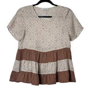 Anthropology Paper Crane Floral Print SMALL Tiered Babydoll Short Sleeve Shirt